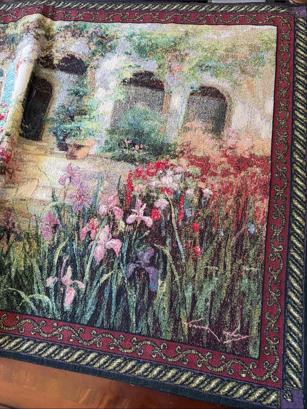 VTG French style Secret Garden scene Floral Tapestry wall Wall Art Hanging 56x38